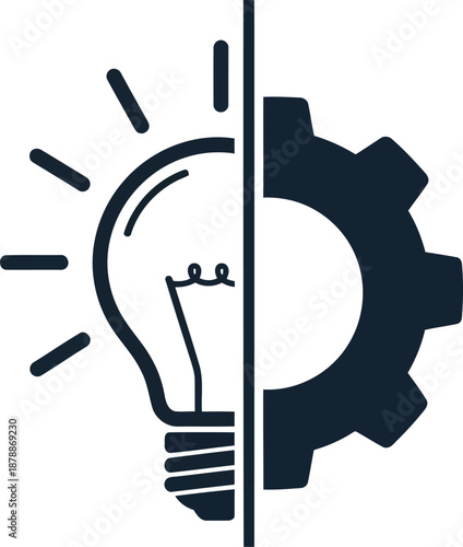Creative idea and mechanical execution split concept with lightbulb and gear silhouettes on transparent background design