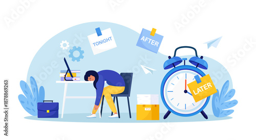 Professional burnout. Tired overworked woman sleeping in office. Project deadline pressure. Overwhelmed depressed employee experiencing exhaustion and fatigue. Procrastination