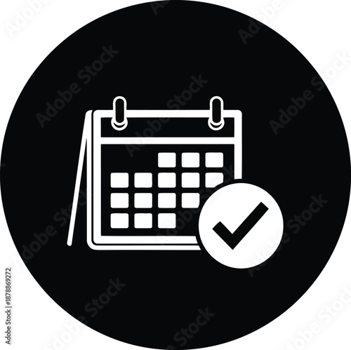 Calendar with a checkmark, icon representing scheduling, events, or task completion, within a black circular background