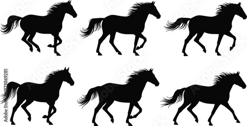 Black silhouettes of horses running white background