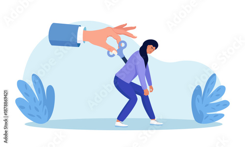 Boss hand turn up key or  clockwork winder to motivate overworked person. Exhausted businessman recharged, power up to increase efficiency. Business leadership, motivation employee