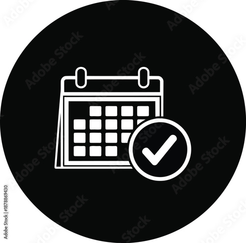 Calendar and check mark icon in circle representing confirmed schedule approved events and verified tasks completion
