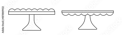 Scalloped dessert stands outline.
Cake stand clipart  coloring pages and templates.
Empty tray for fruit and desserts line art.
White background.
