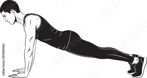 Black and white vector illustration of a fit man performing a high plank exercise to build core strength and physical fitness for healthy lifestyle