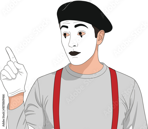Mime Artist Pointing Finger – Classic Pantomime Performer IllustrationMime Artist Pointing Finger – Classic Pantomime Performer Illustration
