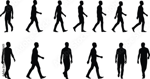 Black silhouettes of men walking in various positions white background