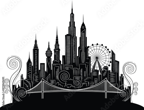 Innovative cityscape with lightbulb moment concept