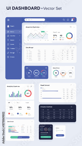 A collection of various UI dashboard elements and vector graphics with charts, graphs, and infographics on a light gray background.