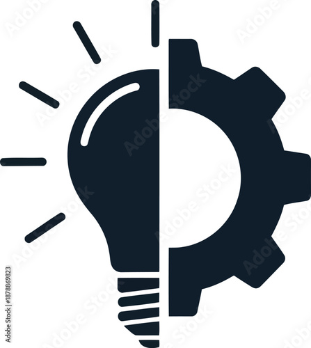 Half light bulb, half gear icon representing idea and mechanics, symbolizing innovation and engineering or solution
