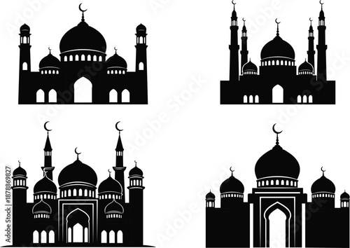 Black silhouettes of mosques with domes and minarets crescent moon