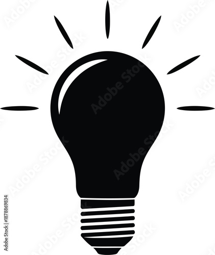 Black silhouette of light bulb with rays, symbolizing idea, invention, thought process or brainstorm