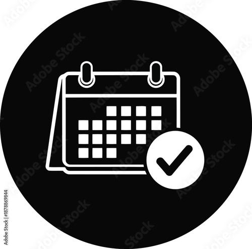 Black circle with white outline calendar icon and checkmark, symbolizing confirmed schedule, event, or task