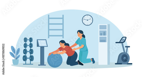 Physiotherapy gym. Physical therapy in rehabilitation hospital. Physiotherapist doctor rehabilitates disabled person after injury trauma. Elderly patient doing physical exercise with fitness ball