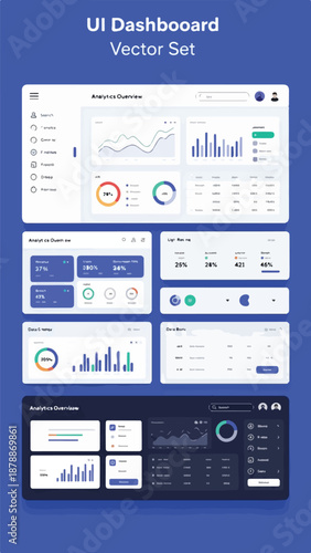 Collection of various UI dashboard vector graphics with charts and graphs on a blue background.