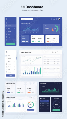 A collection of user interface elements and graphs on a light gray background, showcasing various charts and statistics in a clean, modern design with a predominantly blue and white color