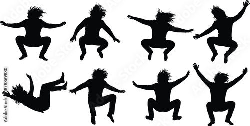 Black silhouettes of people jumping and falling on white background