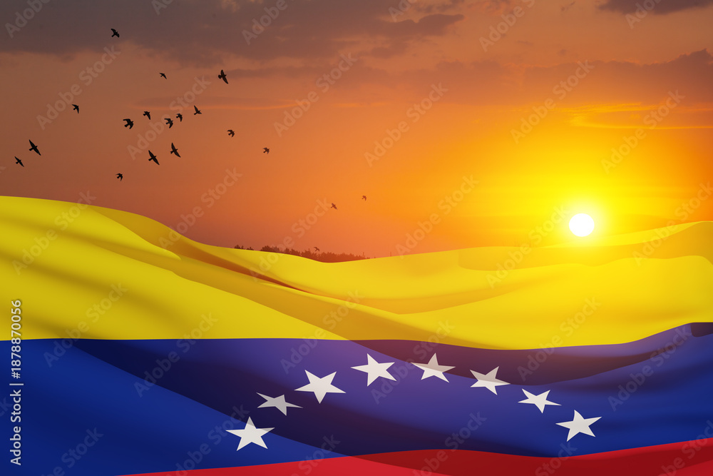 Naklejka premium Venezuela flag on background of sunset sky with flying birds. Patriotic concept. Banner with place for text.