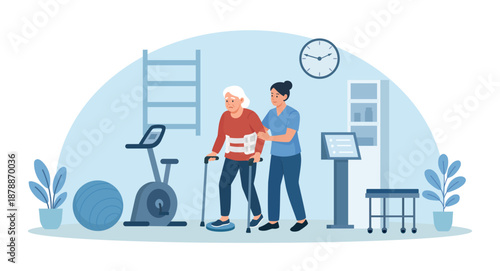 Physiotherapy gym. Physical therapy in rehabilitation hospital. Physiotherapist doctor rehabilitates disabled person after injury trauma. Elderly patient doing walking exercises. Restoring mobility