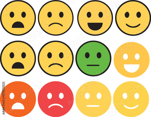 A collection of colorful emoji faces representing a range of emotions for feedback and rating scales