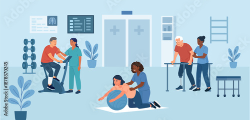 Physiotherapy gym. Physical therapy in rehabilitation hospital. Physiotherapist doctor rehabilitates disabled people after injury trauma. Elderly patient walking and doing exercises with fitness ball