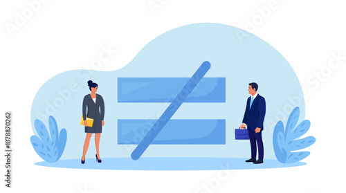Gender inequality and sex discrimination. Uneven salary for same work and wage difference from sexism. Unequal woman and man such as career, work or social rights issue
