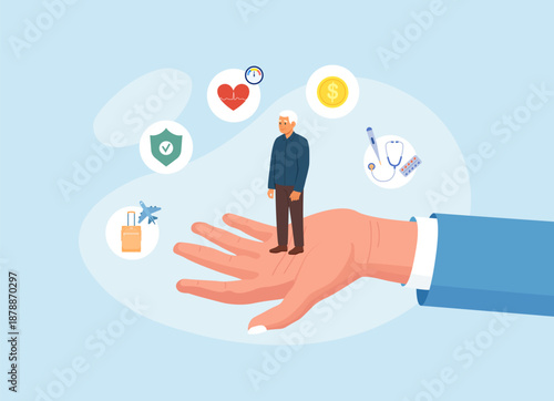 Elderly person secured by social safety net. Government support for old people. Social aid, defense and protection for retired employee. Retirement. Charitable help for pensioners