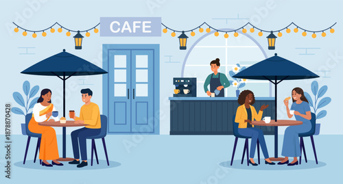 Summer outdoor cafe terrace. People sitting at table in street cafe, drinking beverage. Barista making coffee standing at bar counter desk. Diverse patrons enjoying food, some working on laptops