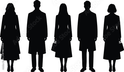 Black silhouettes of professional men and women in formal business suits and long coats, elegant fashion figures standing for corporate lifestyle and architectural design.