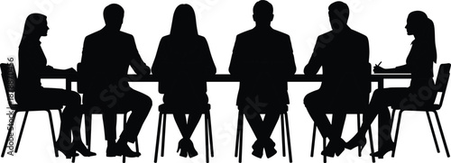 Black silhouettes of six people sitting around a table business meeting conference