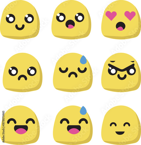 A compilation of cute yellow jelly-like emoticons expressing various human emotions