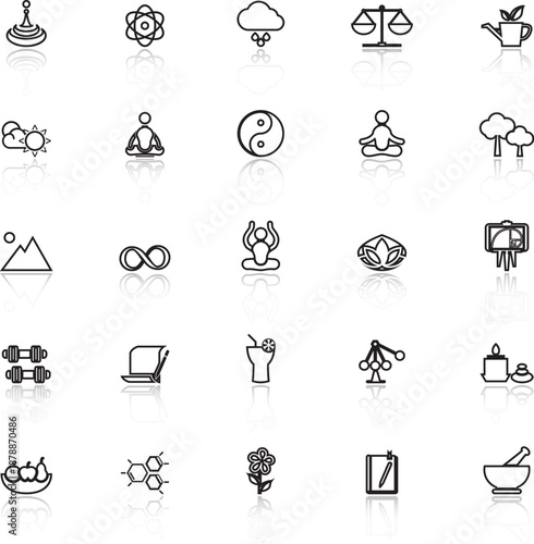 Zen concept line icons with reflect on white
