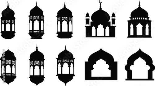 Black silhouettes of various Islamic architecture and lanterns mosque