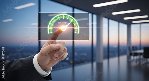 A hand touches a digital screen displaying an optimal performance gauge in a modern office setting with a city view