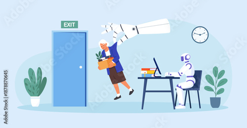 Artificial Intelligence is replacing elder person. Robot arm throwing older woman out of office. Pensioner was dismissed by AI. Unemployment job loss due to technological progress. Age discrimination