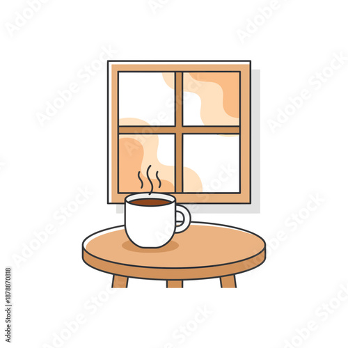Cozy Steaming Coffee Cup on Table by Window Illustration