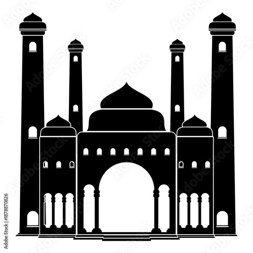 Mosque Silhouette Vector Illustration Featuring Islamic Architecture with Domes and Minarets, Minimalist Religious Building Icon for Ramadan Kareem and Eid Mubarak Projects Isolated on White.