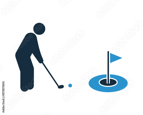 Golfer silhouette hitting golf ball towards hole with flag on green sports vector graphic