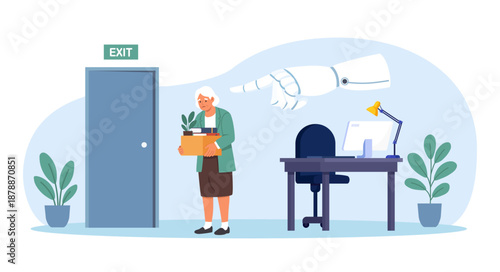 Artificial Intelligence is replacing older employee. Pensioner was dismissed by AI robot. Unemployment, job loss due to technological progress, layoffs. Age discrimination