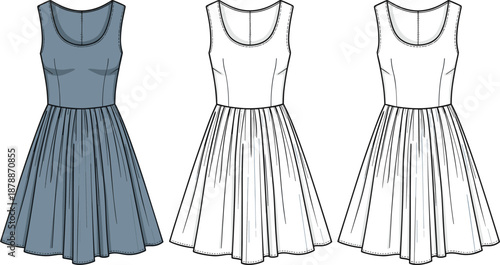 Blue and white sleeveless dresses with pleated skirts