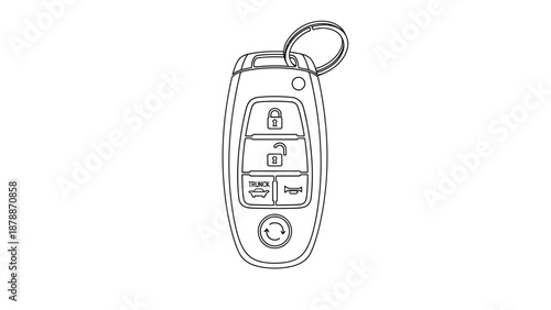 Simple line drawing of a car key fob with various buttons.