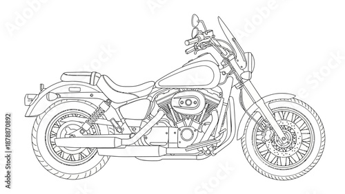 Detailed line drawing of a motorcycle with visible engine and wheels.