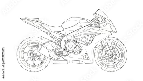 Detailed line drawing of a sport motorcycle from side view.