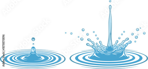 Blue water droplets splashing into rippling water surfaces ripples