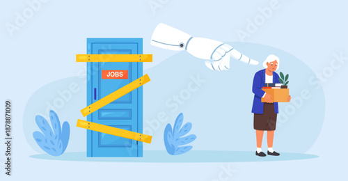 Artificial Intelligence is replacing older employee. Pensioner was dismissed by AI robot. Unemployment, job loss due to technological progress, layoffs. Age discrimination