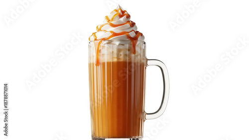 Caramel latte with whipped cream isolated PNG, delicious coffee drink with caramel drizzle on transparent background