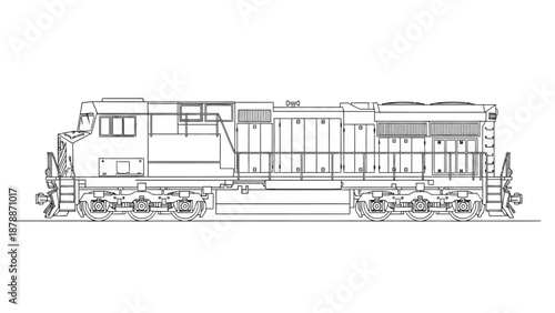 Detailed line drawing of a diesel electric locomotive on white background.