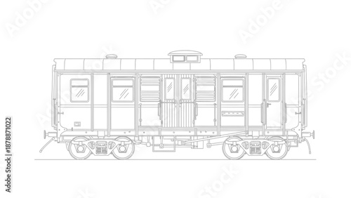 Vintage Train Carriage Side View Technical Drawing.