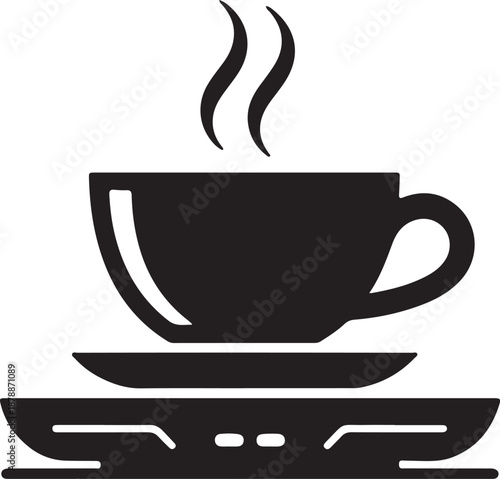 Road trip break silhouette vector art, coffee cup sitting on top of a charging pedestal, flat black color illustration