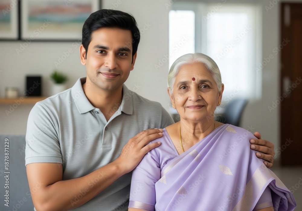Fototapeta premium Indian Son Supporting Elderly Mother at Home