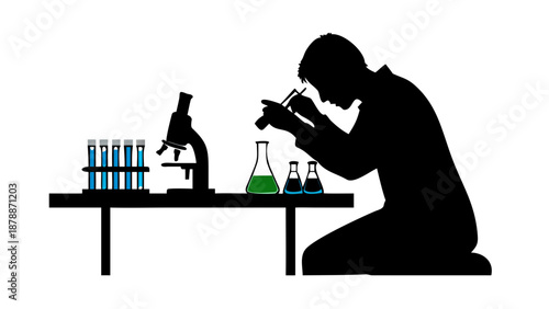 Silhouette of a scientist looking through a microscope, laboratory glassware and test tubes on the table, research and development concept.